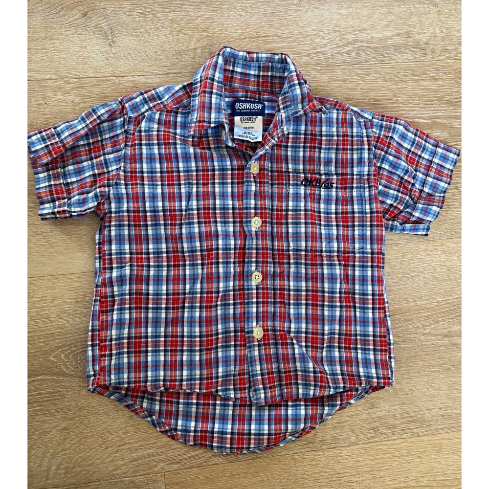 OshKosh Boys Button-Front Shirt 2T Red Blue White Plaid Cotton Collared